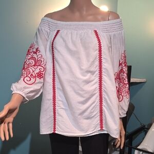 Lane Bryant White Off The Shoulder Blouse with Red Embroidery